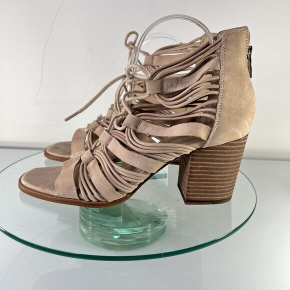 Vince Camuto Kaiann Heel Sandal Nude Suede Leather Lace Up Block Heel - Picture 4 of 9